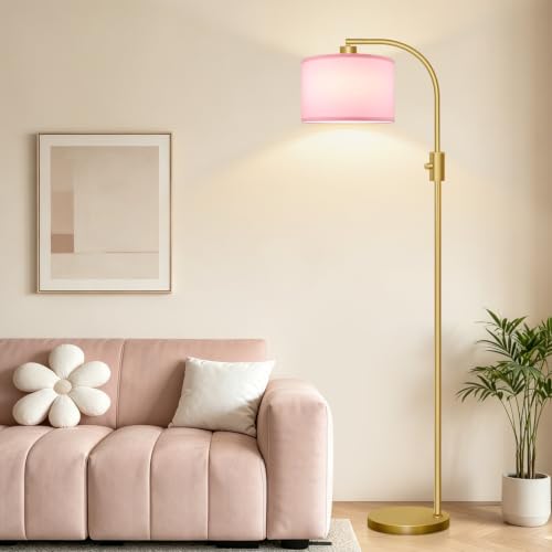 Image of Nintiue Dimmable Floor Lamp, 1200 Lumens LED Edison Bulb Included, Arc Gold Floor Lamps for Living Room Modern Standing Lamp with Pink Linen Shade