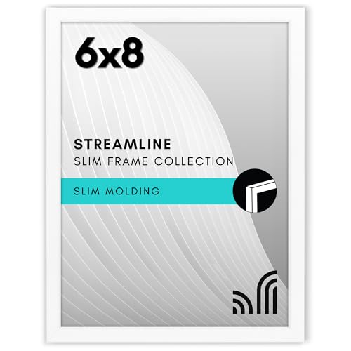 Americanflat 6x8 Picture Frame with Shatter-Resistant Glass - Streamline Collection - Thin Border Photo Frame for Tabletop and Wall Display - Hanging Hardware and Easel Stand Included - White