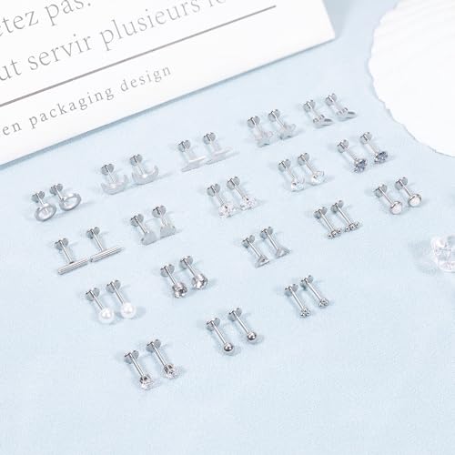 18Pairs 20G 316L Stainless Steel Threadless Push in Stud Earrings for Women Men Flat Back Cartilage Stud Earring Helix Tragus Stud CZ Heart Moon Star Ear Stud Piercing Jewelry3