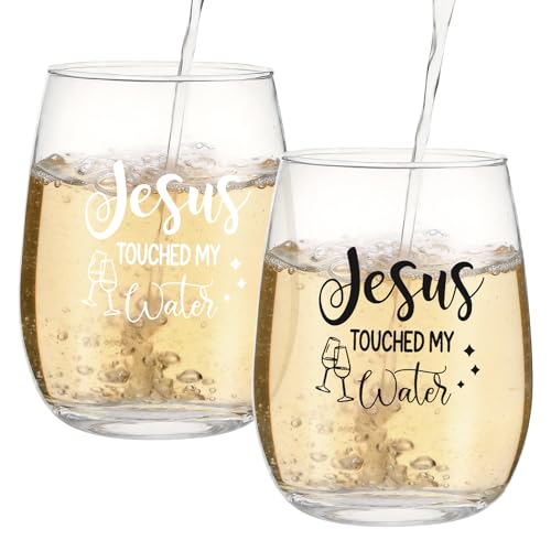 Ovveroche Jesus Touched My Water Wine Glass 15 Oz Jesus-themed Scratch-Resistant Glass for Birthday Mom Father's Day Retirement Gifts(2 PCS)