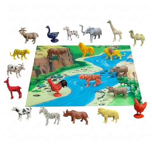Image of ZESTHOME Animal Toy Set for Kids with Jungle Floor Chart | Farm & Wild Animal Figurines | Educational & Fun Safari Play Toys for Boys & Girls | 20 pcs