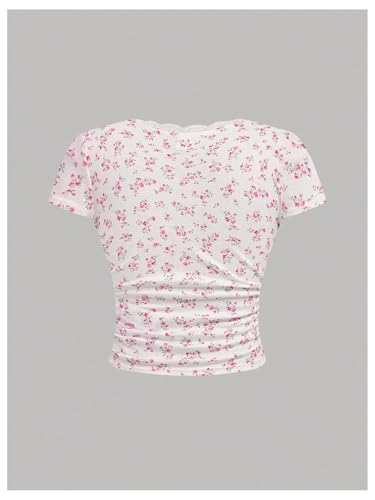 Image of RoseSeek Girl's Ditsy Floral Print Lace T Shirt Short Sleeve Ribbed Ruched Cute Tee Shirts Summer Tops