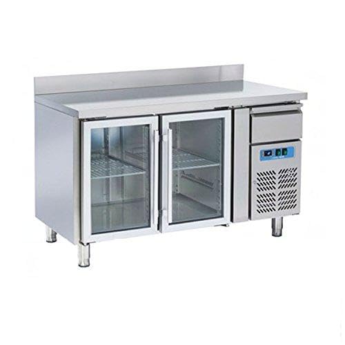 Tavolo banco frigo Refrigerato 2 sportelli porte,con alzatina, PORTE IN VETRO. 290 Lt. Acciaio inox. -2°/+8°C. Cm. 136x70x85H