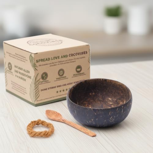 cocovibes Kokosnuss Bowl – Müslischale, Smoothie Kokosnuss Schale mit Anti-Kipp-Ring & Holzlöffel – nachhaltige Dessert & Buddha Schale (CLASSIC-1)