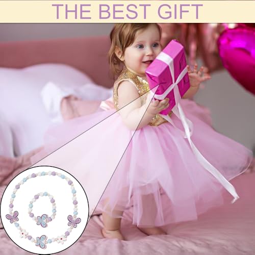 Azlanway Kinder Schmuckset 2-teilig – Halskette & Armband aus Holz mit Schmetterling Motiv, elastischer Kinderschmuck für Mädchen, buntes Zubehör für Geburtstag, Party, Verkleidung & Geschenk