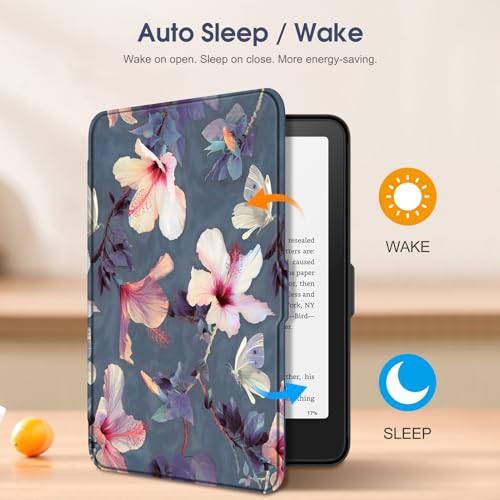 Image of Fintie Case for 7 inch All-New Kindle Paperwhite (12th Generation, 2024) and Kindle Colorsoft Signature Edition - Slim Lightweight Shell PU Leather Protective Cover with Auto Sleep /Wake,Blooming Hibiscus