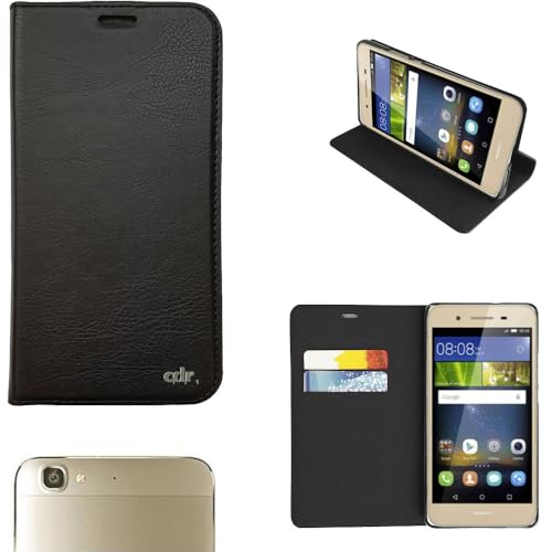 Custodia a libro compatibile con Huawei P8 Lite Smart (TAG-L01), rivestimento in ecopelle tinta nero, linea pulita ed elegante con 2 slot portatessere, funzione supporto