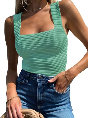 TrendiMax Damen Strick Tank Top Quadratischer Hals Ärmellose Sommer Oberteile Slim Fit Strand Weste Tanktop Lässig Sweater Vest Tops, Salbei, M