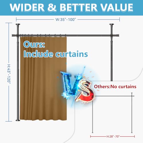 Image of JILRON Room Divider Curtain Set No-Drill : Includes 106 inch W x 84 inch L Brown Curtain & Adjustable Pole Brackets (35-100 inch W x 43-120 inch H Adjustable Range)