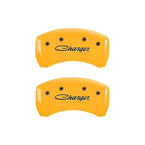 Image of MGP Caliper Covers - Brake Caliper Covers for 2011-2023 Dodge Challenger & 2011-2023 Dodge Charger (Requires Dual Piston Front Caliper) Front and Rear Set (Yellow, Cursive Charger)