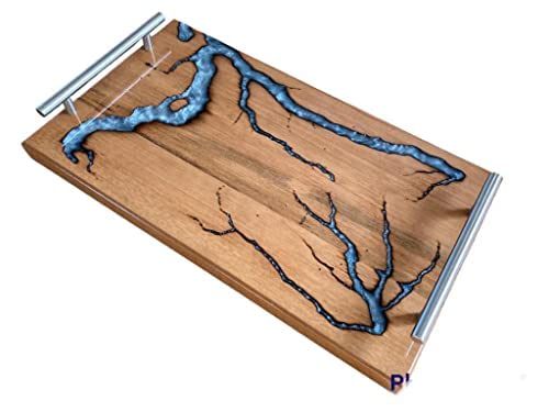 Vassoio in Resina epossidica e legno con bruciature. Vassoio per aperitivi, per colazioni, per servizio al tavolo, centrotavola. Dimensioni 45.5X25.5 (WHITE)