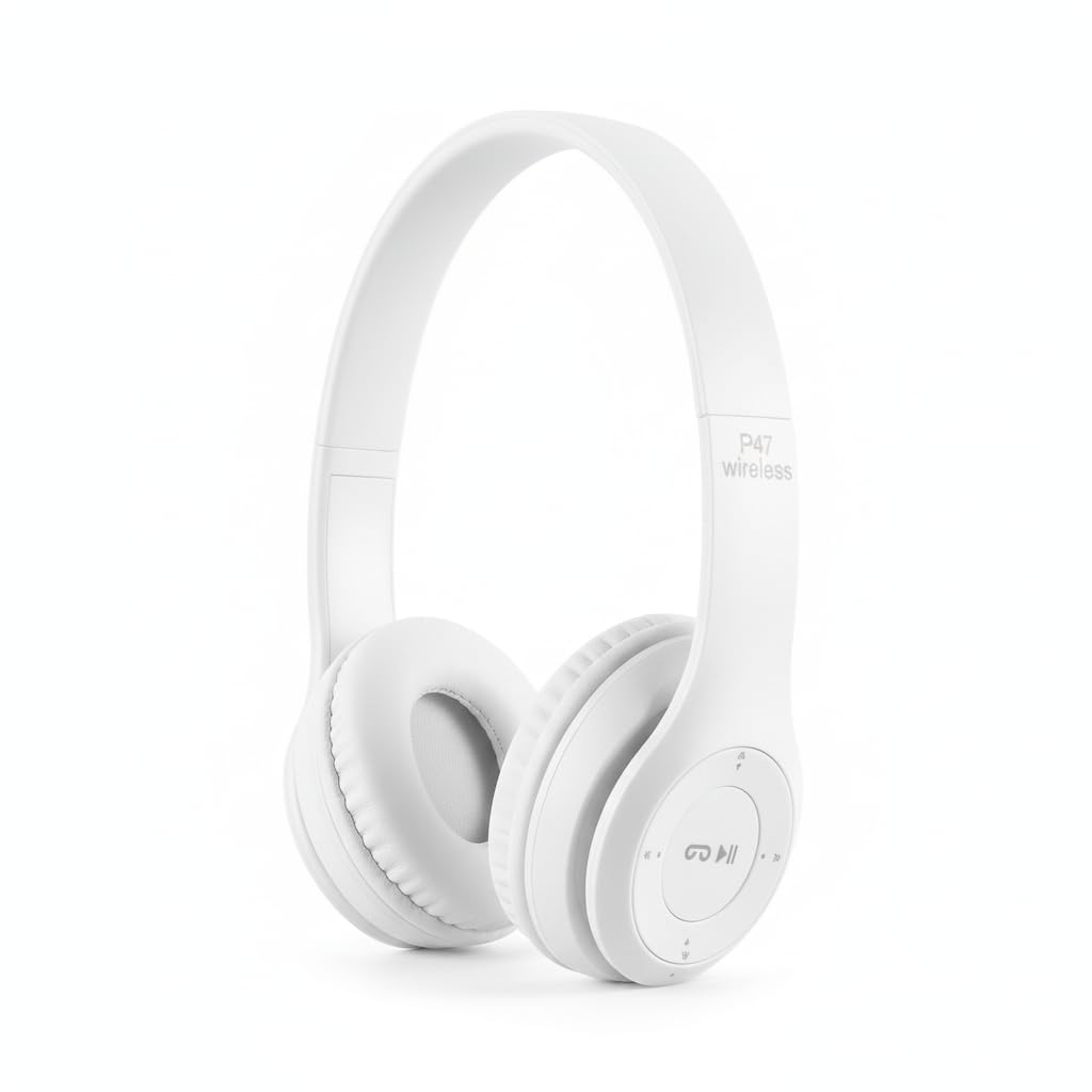 Bluetooth Wireless Headphones Foldable with Mic High Bass Clear Sound Bluetooth Gaming Headset, IPX7 Waterproof and Portable with Noise Cancelling Earphones (White)