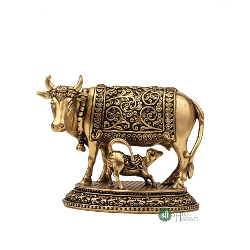 Image of INDICAST Handcrafted Brass Cow with Calf for Good Luck | 2 inch Kamdhenu Gau MATA Idol Spiritual Vastu Nandi Pooja Figurine Sculpture for Home and Office (Weight- 110gm)