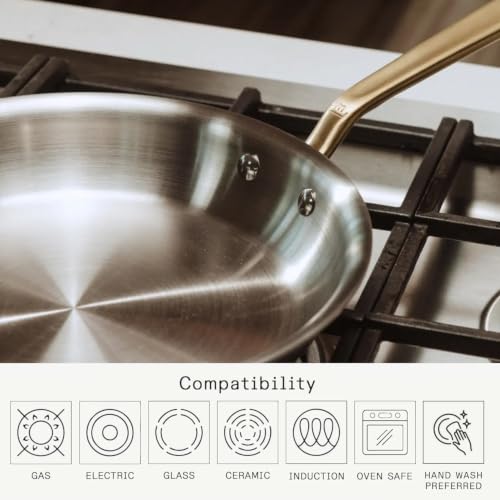 Image of Made In Cookware - 3-Piece (Includes 8 inch,10 inch,12 inch) Stainless Frying Pan Set (Antique Brass Handle) - 5 Ply Stainless Clad - Professional Cookware - Crafted in Italy - Induction Compatible