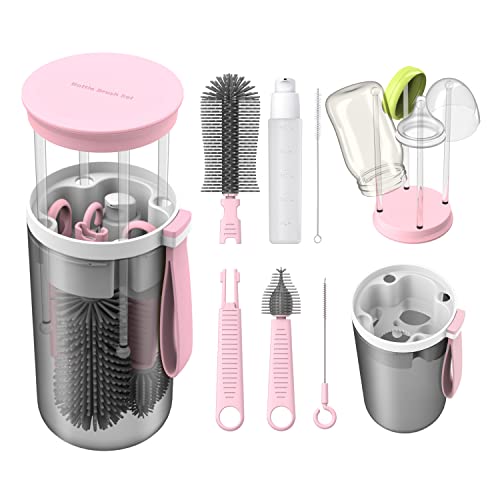 Image of TechoEcho Baby Essential Travel Bottle Cleaner Kit with Silicone Bottle Brush,Built-in Snap-on Drying Rack,Silicone Nipple-Shaped Brush,2 Straw Brushes,Bottle Soap Dispenser,Bottle Warmer Bowl.(Pink)