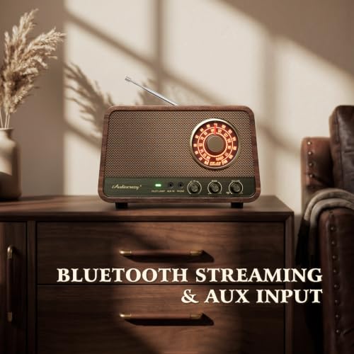 Image of Classic wooden Bluetooth FM radio with 10 watts of powerful sound, retro radio with Bluetooth speaker with amber glowing dial, bass control, Aux input, connector for