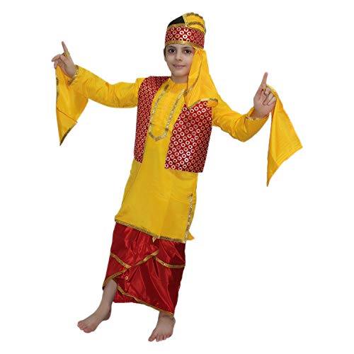 Image of Kaku Fancy Dresses Indian State Punjabi Folk Dance Costume For Kids /Bhangda Gidda Dance Costume For Boys - Yellow & Red, 5-6 Years