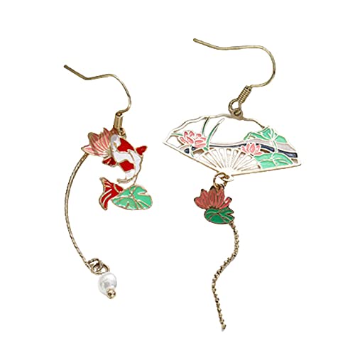Style chinois Lotus pliant ventilateur asymétrique gland boucles d'oreilles pour femmes grue carpe lapin chaton Style National boucle d'oreille bijoux Beau et...