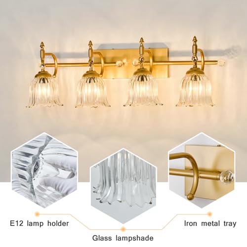 Image of CVKASH 4-Light Bathroom Vanity Light Fixtures Over Mirror,Brushed Gold Modern Vanity Lights with Glass Shade Vintage Wall Sconce for Bedroom Dressing Room Living Room Hallway Cabinet