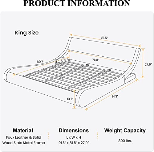 Sha Cerlin Modern Low Profile Platform Bed Frame King Size, Stylish Faux Leather Upholstered Sleigh Bed With Ergonomics Headboard, No Box Spring Needed, Glossy Black #TOP6