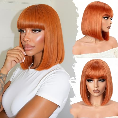 Image of Farblick Ginger Bob Wig Human Hair With Bangs Wear and go Glueless Wig Human Hair 12inch Straight Wig 180% Density Ginger wig with bangs for Women