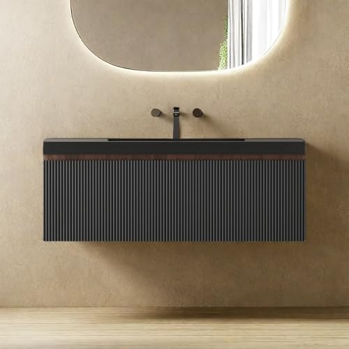 Image of Wall Mounted Bathroom Sink Vanity, Modern 42 inch Floating Vanity with Resin Top Basin Sink and U-Shaped Soft-Close Storage Drawer, Striped Bathroom Storage Cabinet with Invisible Handle, Black