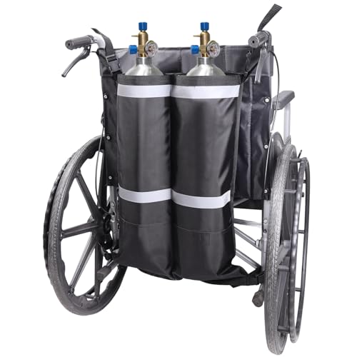 Dual Oxygen Tank Holder for Wheelchair, Portable D & E Cylinder Transport Bag, Oxygen Cylinder Bag with Storage Pocket and Adjustable Straps, Fit for Walker, Rollator, Scooter