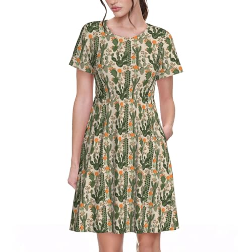 Robe d'été manches courtes femme imprimé cactus vêtement léger vert