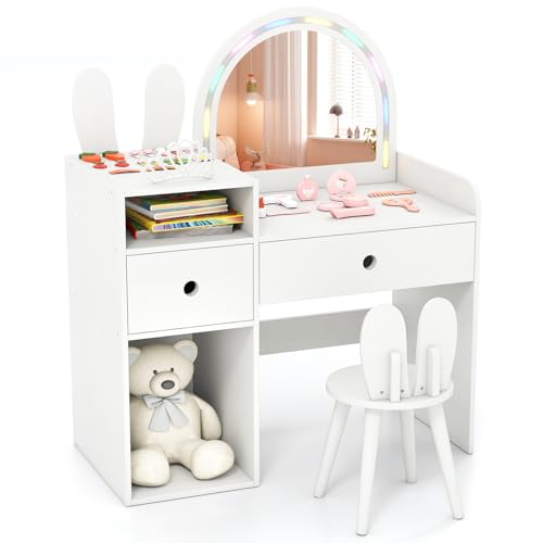 Image of HONEY JOY Kids Vanity with Lights, Rabbit Themed Princess Makeup Dressing Desk, Storage Cabinet, Wooden Pretend Play Toddler Vanity Table & Chair Set with Lighted Mirror for Little Girls (White)