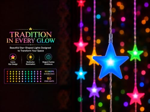 Image of Gesto Star Curtain Fairy Lights for Decoration - 80 Led String Lights with 8 Modes Changer | Multicolor Decorative Lights for Home Decor, Room,Wall, Balcony, Christmas & Diwali Decoration- 10x3 Ft