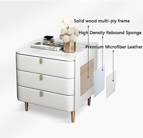 Mid Century Modern Nightstand Faux Leather Bedside Table with Marble Top 3 Drawer Wood Cabinet Stylish Black & White Bedroom Furniture 19.7" x 15.7" x 27.2" - Image 4