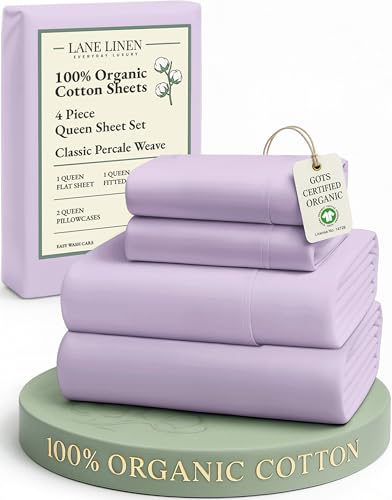 Image of LANE LINEN 100% Organic Cotton Queen Sheets, Low Pill Fade Resistant Classic Percale Weave Bedsheets for Queen Size Bed, 15 inch Deep Pocket Sustainably Produced Mercerized Cotton Sheeting- Orchid Petal