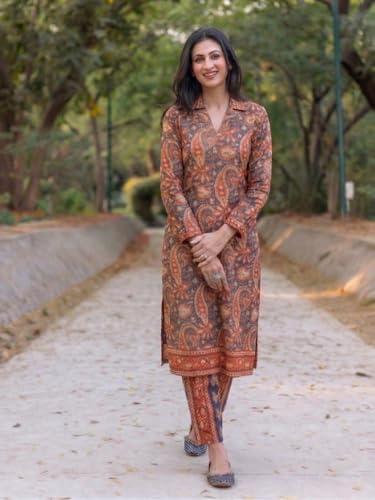 Image of ANNI Designer Co Ord Set for Women Viscose Printed | Kurti Set for Woman | Straight Kurta Pant Co Ord Set | 2 Piece Set Women | 3 /4 Sleeve V-Neck Suit Set Stylish Ethnic Outfit Clothing