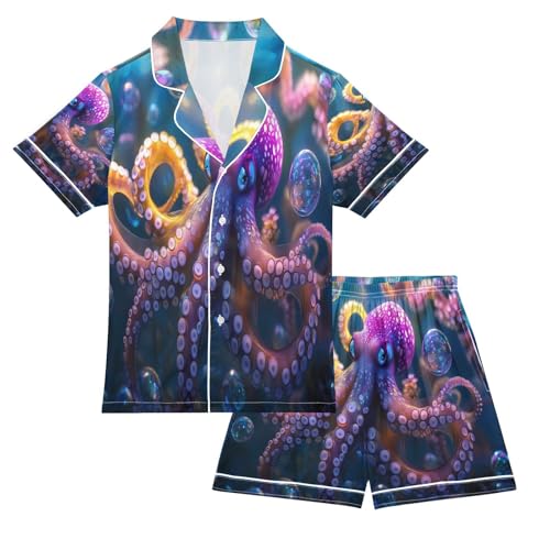 ALAZA Octopus Bubble Ocean Sea Satin Pajamas Set Short Sleeve Button Down Sleepwear Summer Pjs 2 Piece
