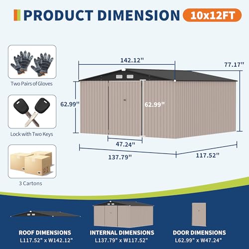 10x12x6.4 FT Outdoor Storage Sheds with Floor, Metal Garden Tool Shed for Backyard, Large Metal Sheds Outdoor Storage With Lockable Doors & Air Vents for Backyard Garden Patio Lawn