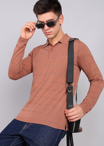 Image of INKKR Men Full Striped Polo Neck Cotton Blend T-Shirt