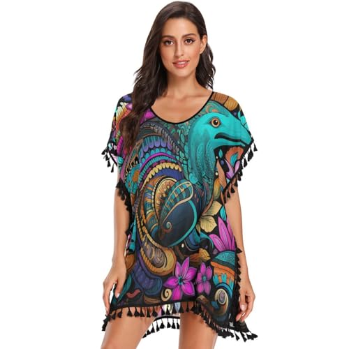 Platypus Flower Pattern Animal Art Women's Beach Cover Up Chiffon Tassel Swimwear Swimsuit Coverups for Girl
