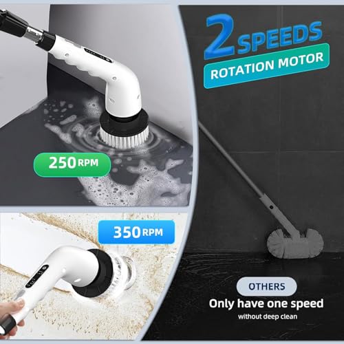 Image of Electric Spin Scrubber Bathroom - Adjustable Handle Cordless Shower Scrubber, 2 Speeds, Bathroom Scrubber with 8 Replaceable Brush Heads, Power Scrubber for Bathtub Cleaning