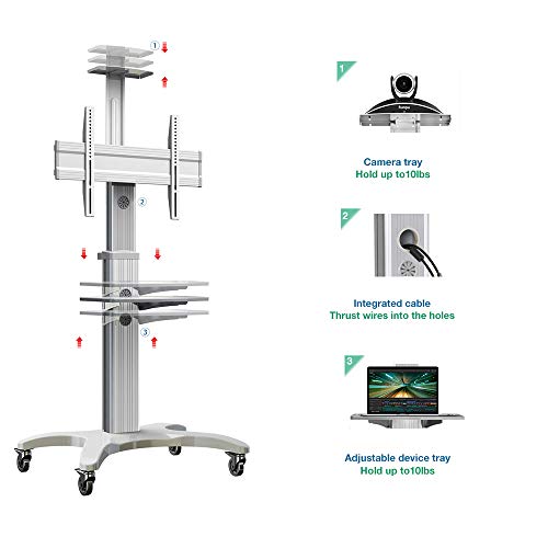 NB North Bayou Mobile TV Cart TV Stand with Wheels Mount for 32-65 Inch LCD LED OLED Plasma Flat Panel Screens Aluminum (White) - Thumbnail 2