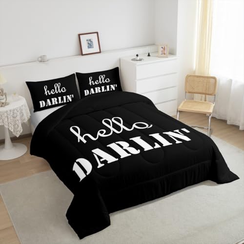 Image of Feelyou Kids Full Size Hello Darlin Bedding Set Western Black Comforter Set Funny Western Retro Comforter for Kids Boys Girls Rustic Duvet Insert 2Pcs