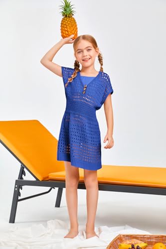Image of Haloumoning Girls Crochet Swim Beach Cover Up Kids Fashion Button Short Sleeve Swimsuits Cover Ups 5-14 Years