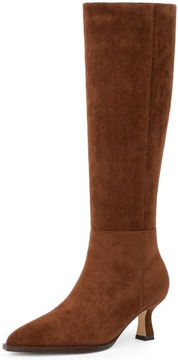 Modatope Knee High Boots Kitten Low Heel Faux Leather Pointed Toe Side Zipper Fall Long Tall Boots for Women