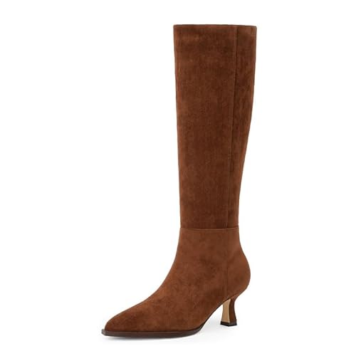 Modatope Knee High Boots Kitten Low Heel Faux Leather Pointed Toe Side Zipper Fall Long Tall Boots for Women