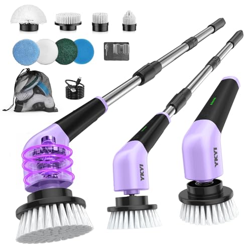 YKYI Electric Spin Scrubber,Cordless Electric Cleaning Brush,Shower Scrubber 2 Speeds,8 Brush Heads,IPX7 Waterproof,Adjustable Long Handle for Bathroom,Purple
