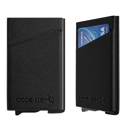 CODE 118 Leather Carrying Case | Slim Minimalist Pop Up Wallet for Men | Compact Card & Cash Holder Compatible with Accessories | Premium Leather Front Pocket Wallet with Card Ejector (Black Onyx)