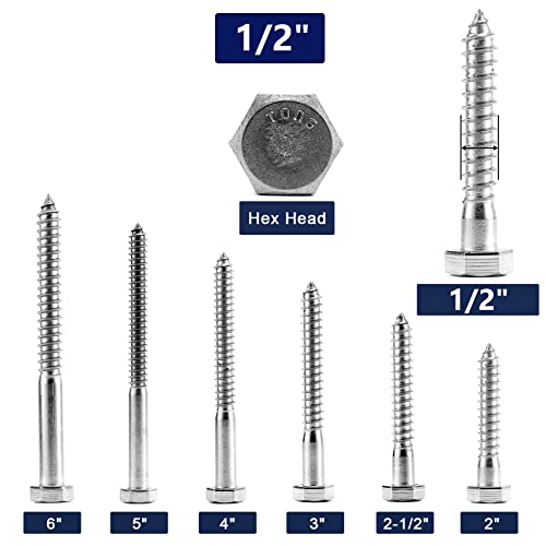 Image of 1 /2 inch x 6 inch Hex Head Lag Screws Bolts 10Pcs 304 Stainless Steel 18-8, Partial Thread, Hexagon Head Wood Screws by SG TZH