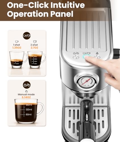 Image of atatix Espresso Machine with Milk Frother, 20 Bar Pressure Espresso Maker, with 44OZ Removable Tank, Compact Stainless Steel Coffee Machine for Home, Office, Latte, Cappuccino, Macchiato, Silver