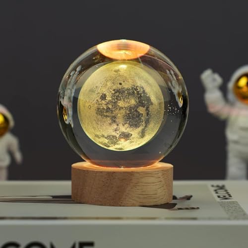 Image of Desidiya 3D New Moon Crystal Night Light Decorative Quartz Glass Ball Bedroom Table Light, Engraved Model Astronomy Decor, Universe Gift for Loved Ones