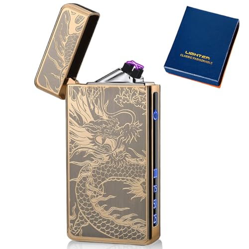 USB Elektronische Feuerzeug, Electric USB Lighter Lichtbogen Feuerzeugs LED Dual Lichtbogen Feuerzeugs mit Batterieanzeige Winddicht Plasma Feuerzeug Elektrisch mit Geschenkbox (Goldener Drache) USB Elektronische Feuerzeug, Electric USB Lighter Lichtbogen Feuerzeugs LED Dual Lichtbogen Feuerzeugs mit Batterieanzeige Winddicht Plasma Feuerzeug Elektrisch mit Geschenkbox (Goldener Drache)