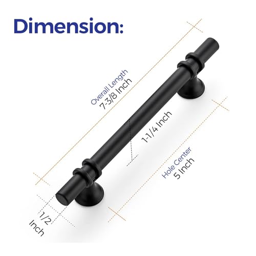 Image of Ravinte 5 Pack 7.38 Inch Cabinet Pulls Kitchen Cupboard Handles with Round Base Matte Black Drawer Pulls Cabinet Handles 7.38 inch Length,5 inch Hole Center